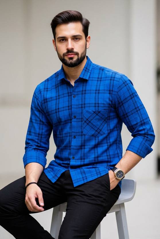 SZN Men Checkered Casual Blue Shirt
