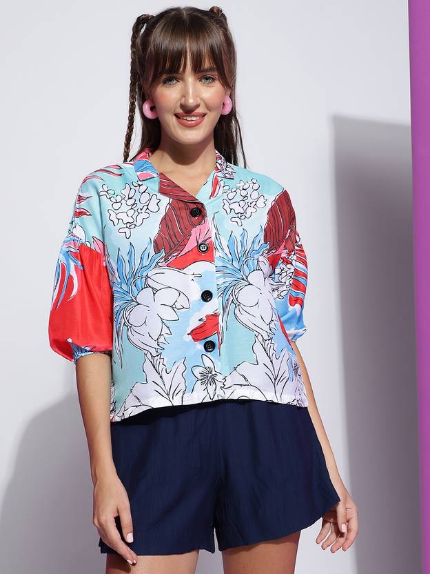 Bollyqueen Party Bishop Sleeve Floral Print Women Multicolor Top