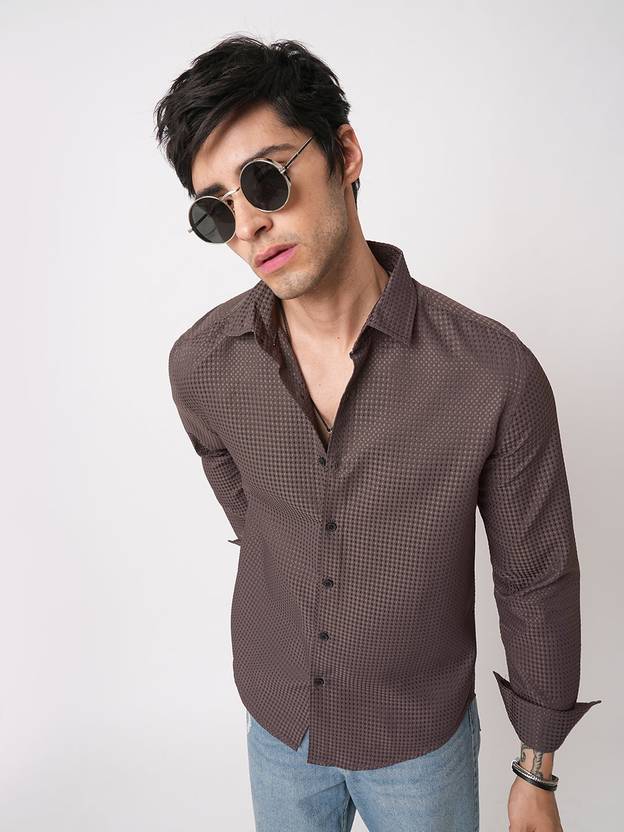 INDICLUB Men Regular Fit Self Design Spread Collar Casual Shirt