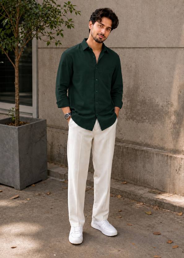 PRIVASTRAM Men Solid Casual Dark Green Shirt