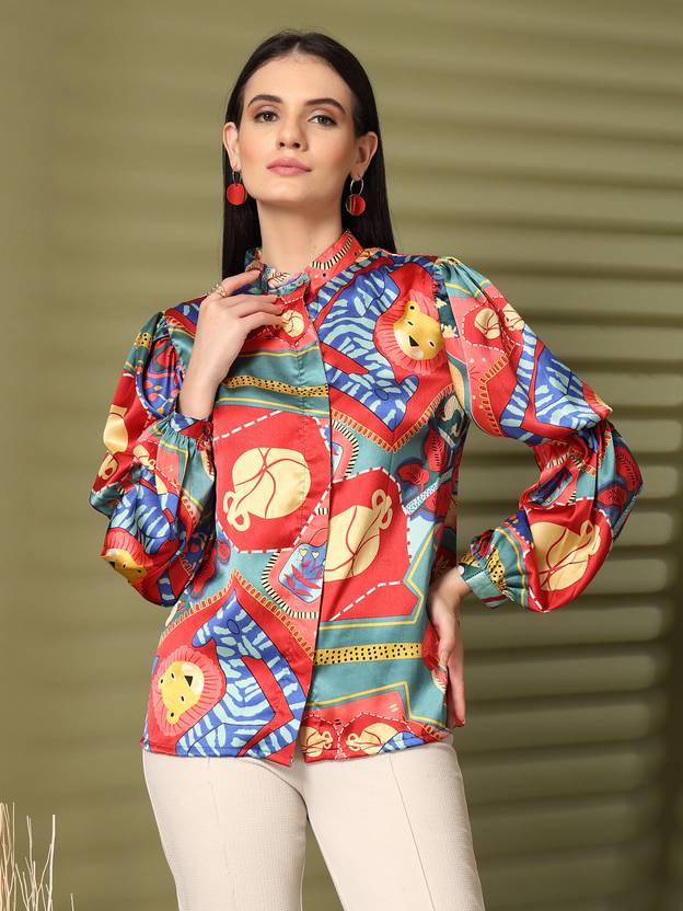 PLUSS Women Regular Fit Printed Mandarin Collar Casual Shirt