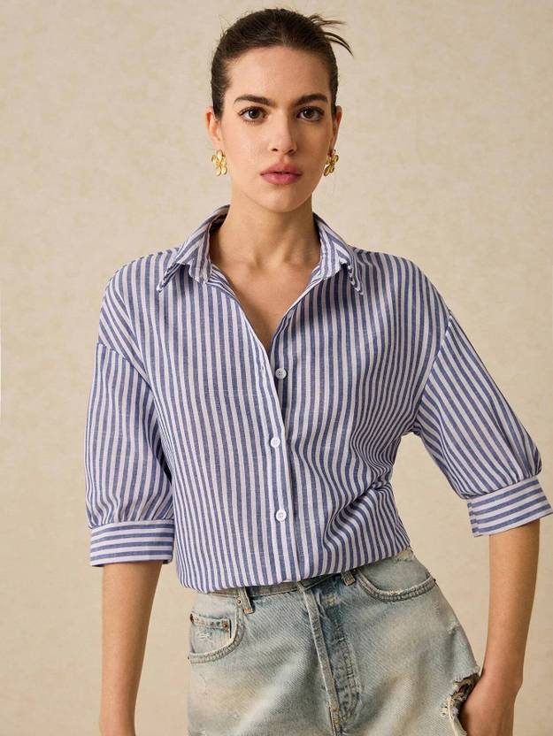 DL Fashion Women Regular Fit Striped Spread Collar Casual Shirt