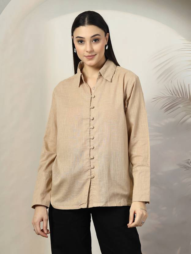PLUSS Women Regular Fit Solid Spread Collar Casual Shirt