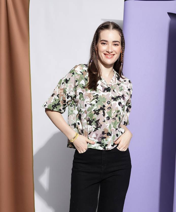 Clemira Women Boxy Fit Printed Lapel Collar Party Shirt