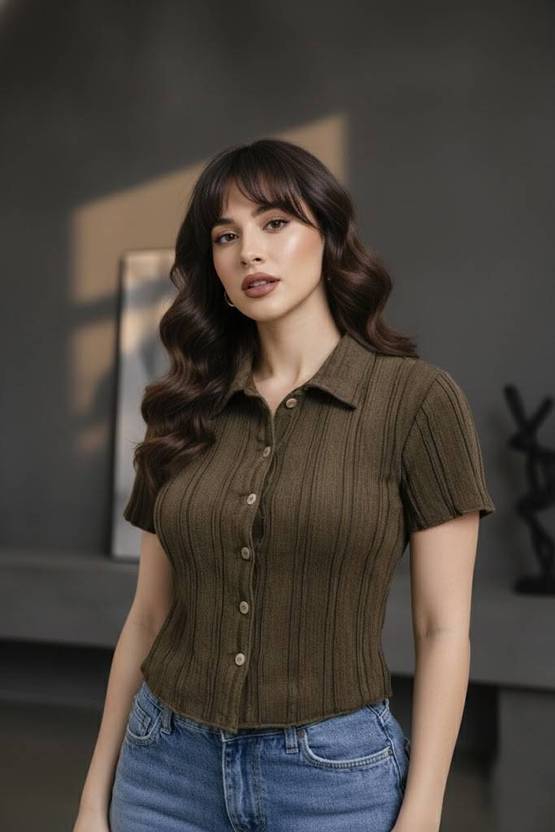 AROD Women Self Design Casual Green Shirt