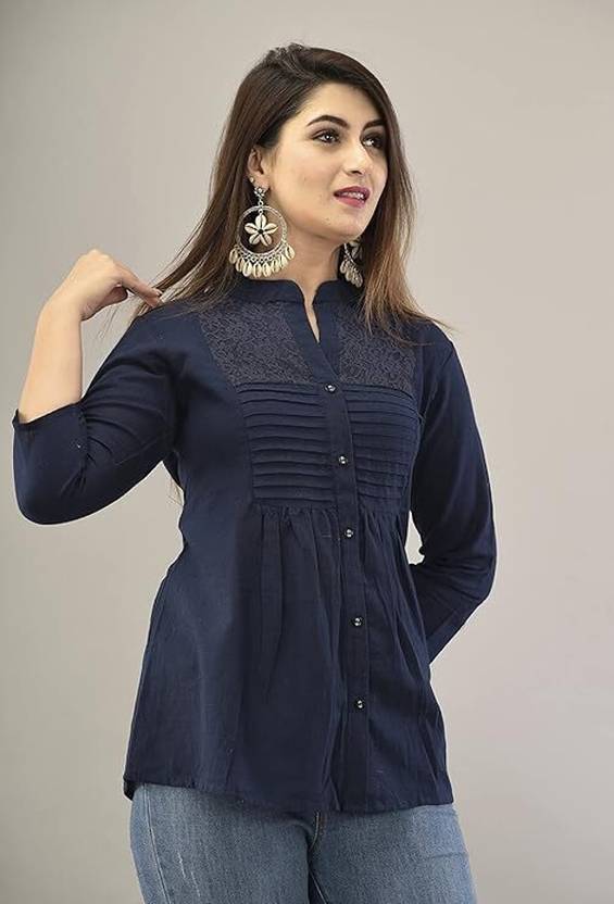 VYMO Women Regular Fit Solid Mandarin Collar Casual Shirt