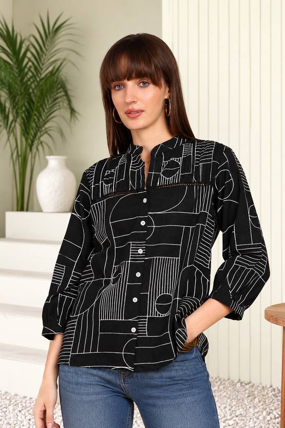 maaesa Women Regular Fit Printed Mandarin Collar Casual Shirt