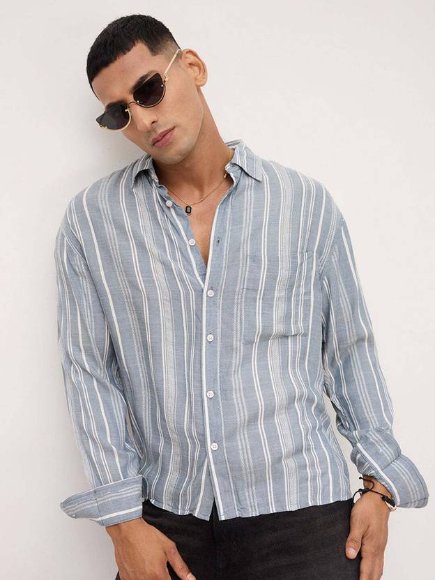VASTRADO Men Oversized Fit Striped Cut Away Collar Casual Shirt