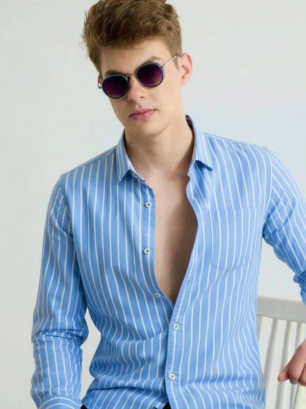 RODEIZ Men Slim Fit Striped Spread Collar Casual Shirt
