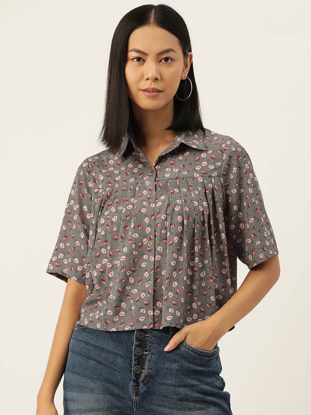 SLENOR Women Boxy Fit Printed Spread Collar Casual Shirt