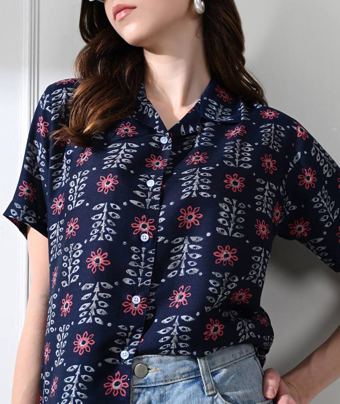 FUBACK Women Regular Fit Printed Lapel Collar Casual Shirt