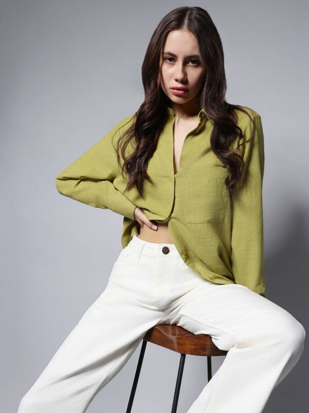 WHY SO FAB Women Oversized Fit Solid Curved Collar Casual Shirt