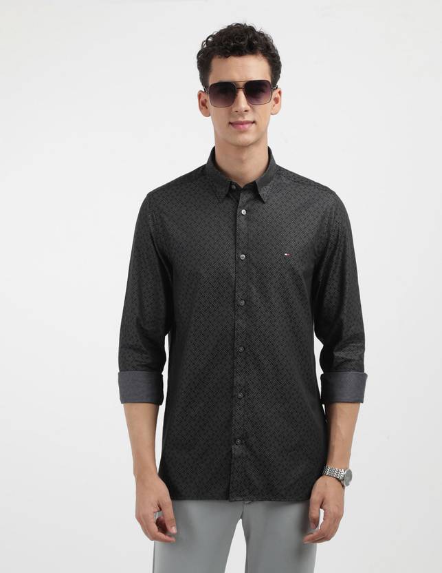 tommy hilfiger men self design casual black shirt