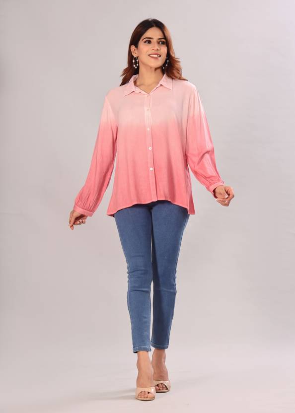 TANOT Women Regular Fit Dyed/Ombre Button Down Collar Casual Shirt