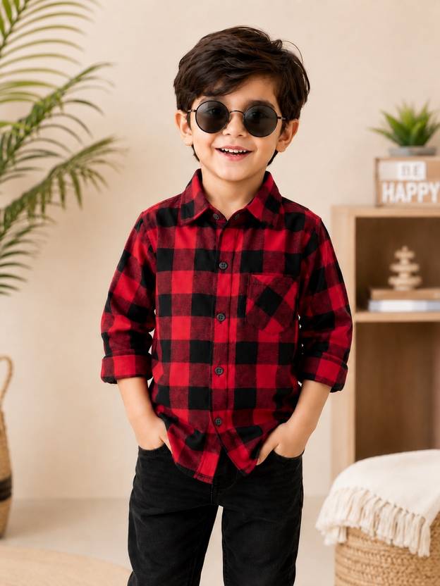Labhkala Boys Solid Casual Red, Black Shirt
