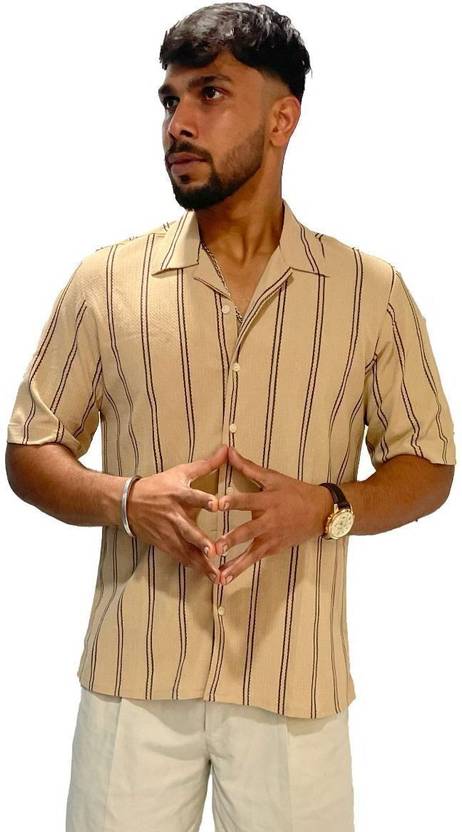 AntlersGuild Men Striped Formal Beige Shirt