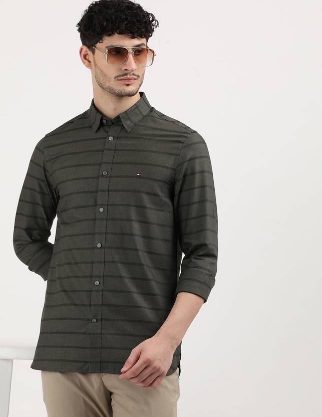 tommy hilfiger men striped casual green shirt
