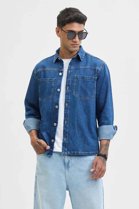 snitch men solid casual blue shirt