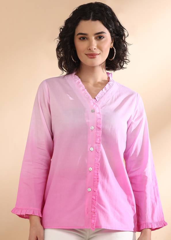 maaesa Women Washed Casual Pink Shirt