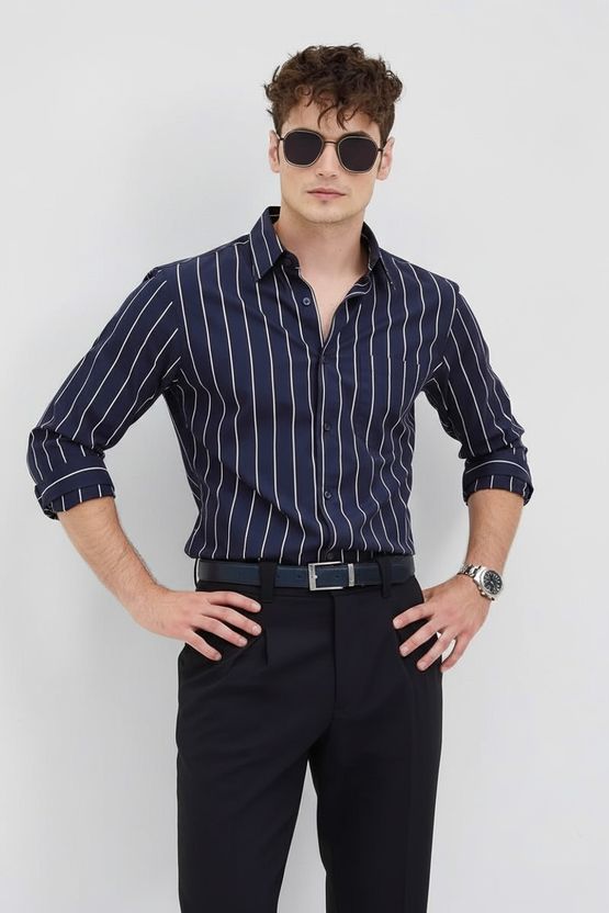 RODEIZ Men Blue Striped Casual Shirt - Image 3