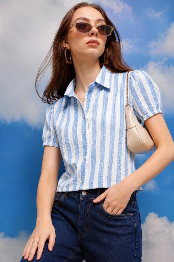 AROD Women Striped Casual Blue Shirt