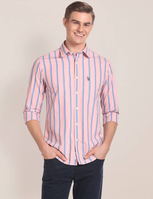 Men Regular Fit Striped Button Down Collar Casual Shirt