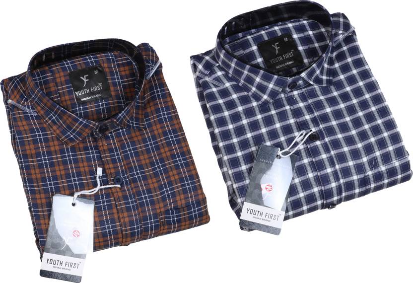 Men Regular Fit Checkered Spread Collar Casual Shirt  (Pack of 2)