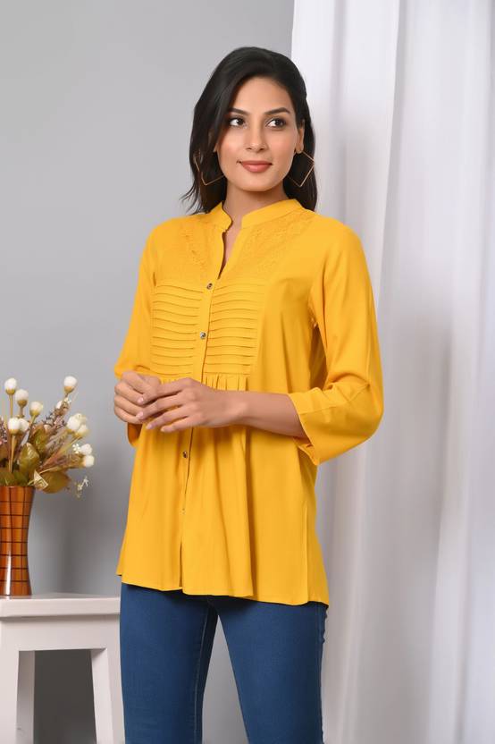 VYMO Women Solid Casual Yellow Shirt