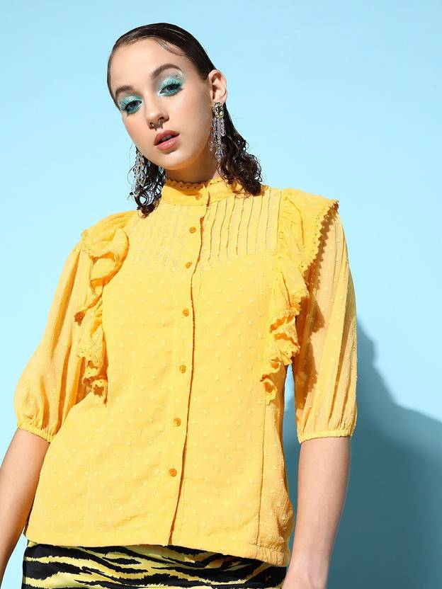 PLUSS Women Regular Fit Self Design Mandarin Collar Casual Shirt
