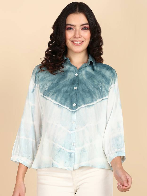 PinkTribe Women Regular Fit Dyed/Ombre Spread Collar Casual Shirt