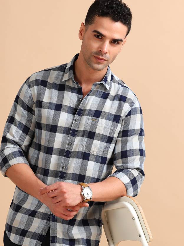 cool colors men checkered casual blue beige shirt