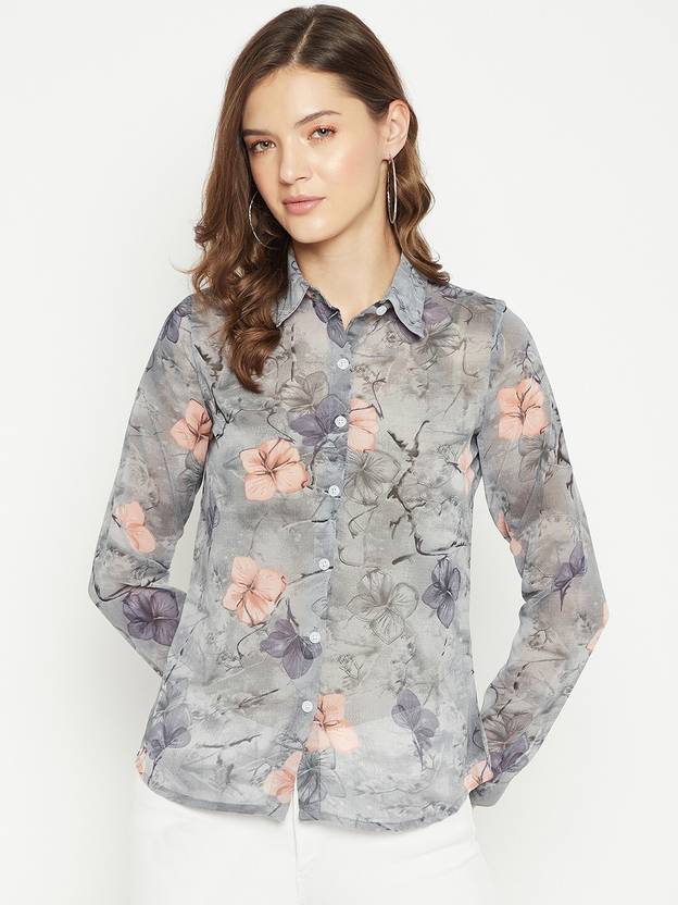 PURYS Women Printed Casual Grey Shirt