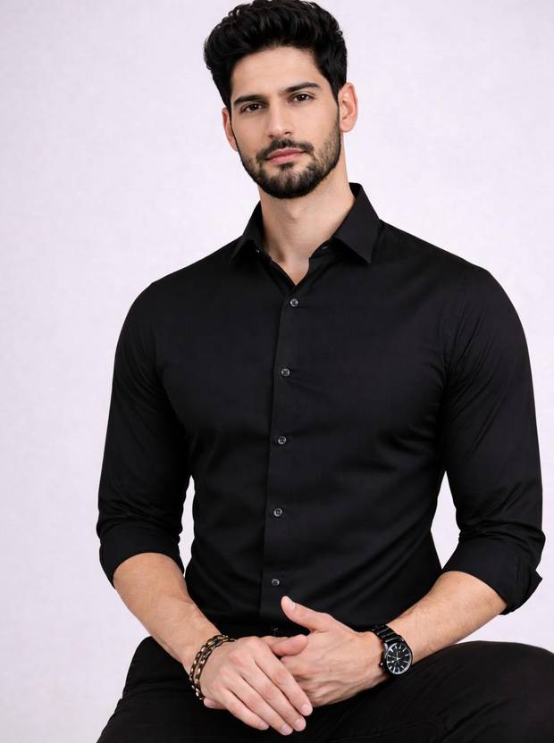 PRIVASTRAM Men Solid Formal Black Shirt