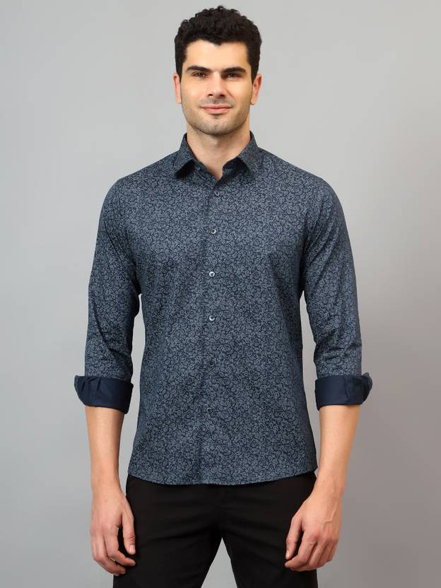 cantabil men printed casual dark blue shirt