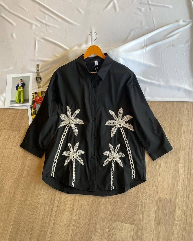Wiora Women Embroidered Casual White, Black Shirt