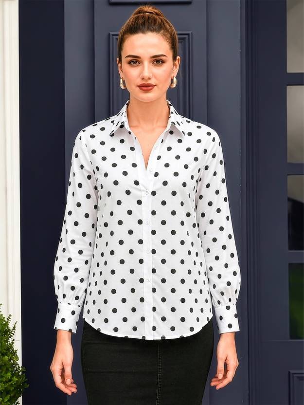 Aahwan Women Regular Fit Polka Print Spread Collar Casual Shirt