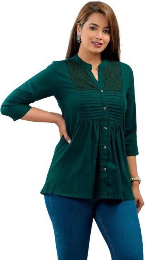 VYMO Women Regular Fit Solid Mandarin Collar Casual Shirt