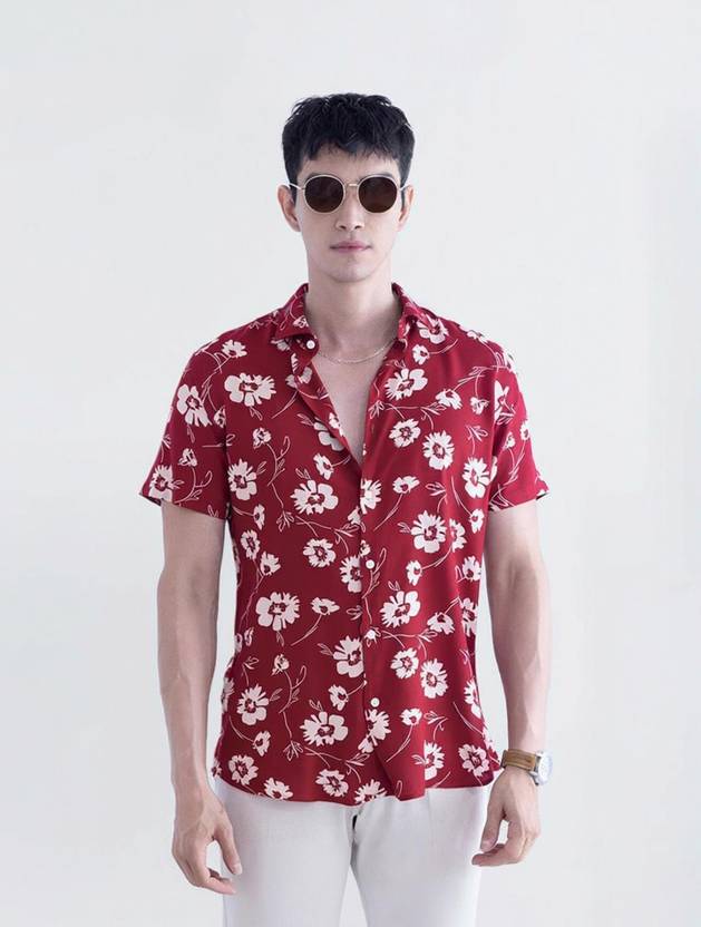 Snitch Men Floral Print Casual White, Maroon Shirt