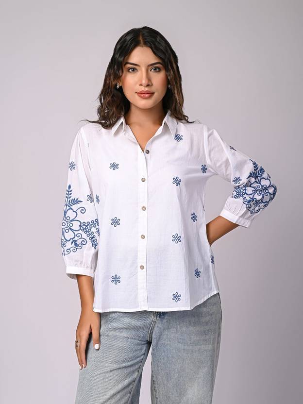 Zolo Label Women Relaxed Fit Embroidered Spread Collar Casual Shirt