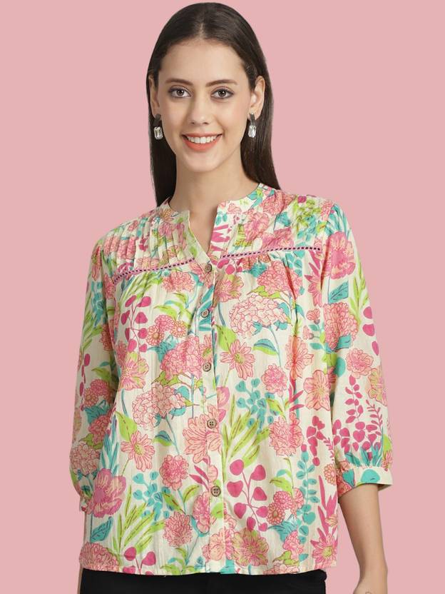 Kavisaa Women Regular Fit Floral Print Mandarin Collar Casual Shirt