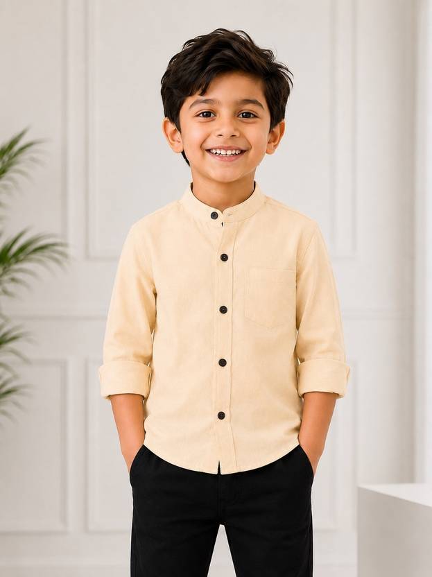 Labhkala Boys Regular Fit Solid Mandarin Collar Casual Shirt