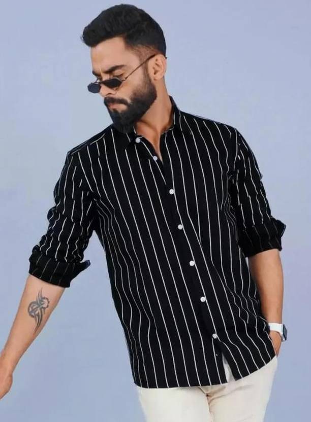 RODEIZ Men Slim Fit Striped Spread Collar Casual Shirt