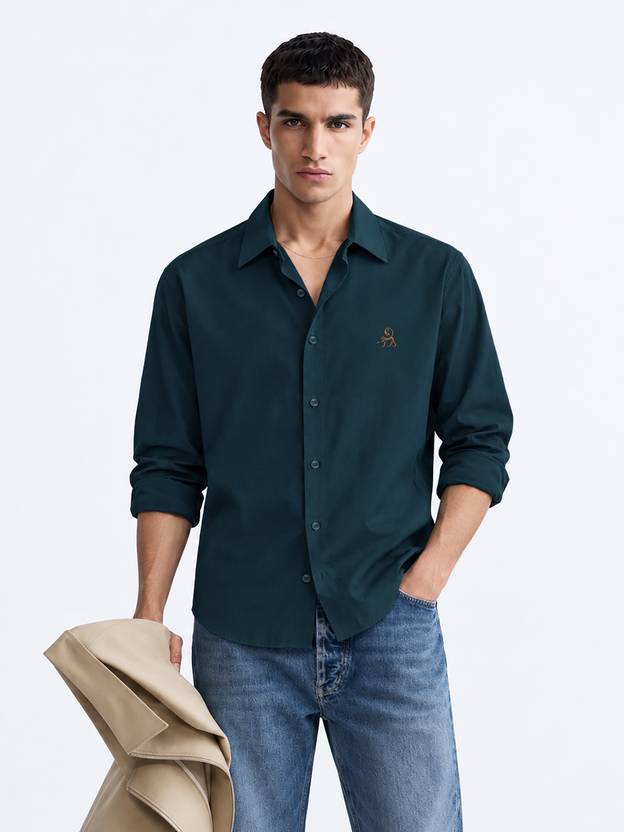 MISCHIEF Monkey Men Embroidered Casual Dark Green Shirt