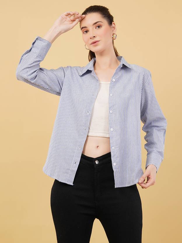 swaggish Women Striped Casual Blue Shirt