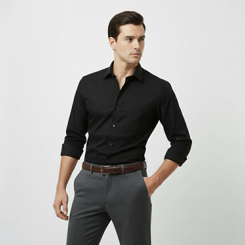 AntlersGuild Men Solid Formal Black Shirt