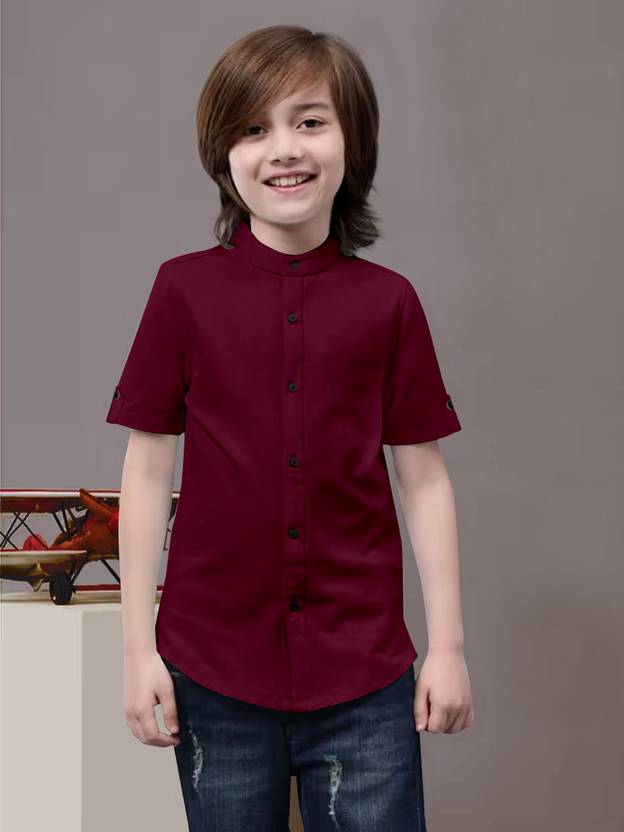 AARKENNA Boys Solid Casual Maroon Shirt