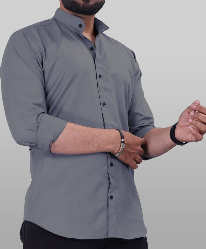 Men Regular Fit Solid Mandarin Collar Casual Shirt