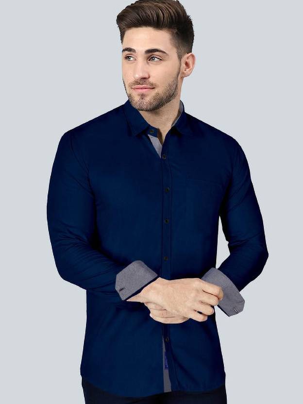 BroMiyO Men Solid Casual Dark Blue Shirt