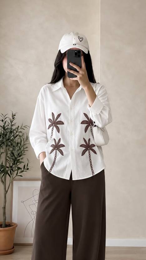 Wiora Women Relaxed Fit Embroidered Mandarin Collar Casual Shirt