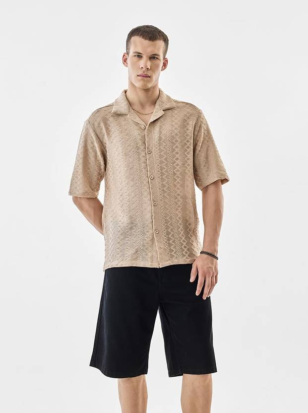 Snitch Men Boxy Fit Self Design Curved Collar Casual Shirt